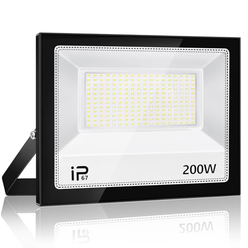 YZYFACAI 200W LED Strahler Außen，Superhell 20000LM LED Scheinwerfer，7000K Kaltweiß Scheinwerfer,IP67 Wasserdichte Außenstrahler，für Hinterhof,Innenhöfe,Auffahrt,Garage,Flur von YZYFACAI