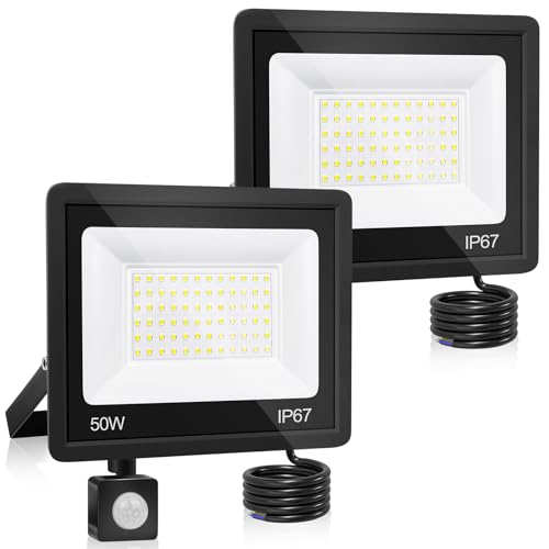 YZYFACAI 50W LED Strahler Mit Bewegungsmelder Außen 2Pcs, 7000K Kaltweiß Außenstrahler, 5000LM, IP67 Wasserdicht Scheinwerfer für Garten, Innenhöfe, Garage von YZYFACAI