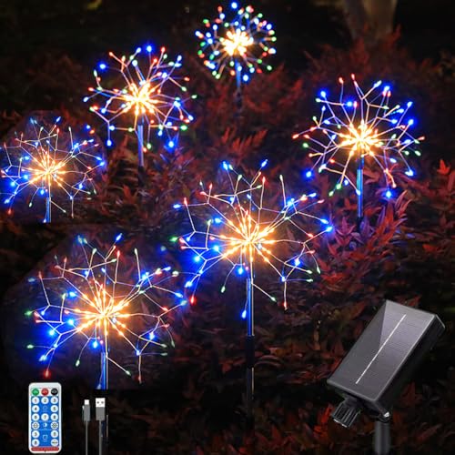 YZYOE 6-Pack 900 LED Solar Boden im Freien eingefügt bunte Feuerwerk Lichter mit Fernbedienung, Wasserdichte Solar&USB angetriebene Hof Atmosphere Stern Burst Lichter,8 Modi DIY Pfad Licht. von YZYOE