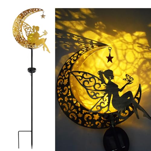 YZYOE Solarbetrieben Mond Blume Fee Licht, Garten dekoratives Schmiedeeisen schöne Fee Bodenlicht, drahtlose Dämmerung zur Morgendämmerung LED-Lampe wasserdicht. von YZYOE