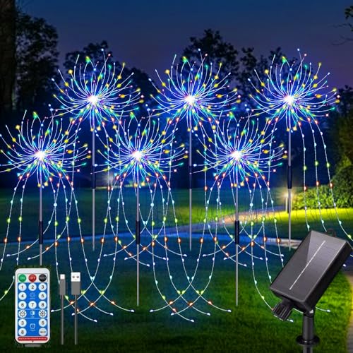 YZYOE 6-Pack 720 LED Solar Boden im Freien eingefügt bunte Feuerwerk Lichter mit Fernbedienung, Wasserdichte Solar&USB angetriebene Hof Atmosphäre dekorative Lichter,8 Modi DIY Pfad Licht. von YZYOE