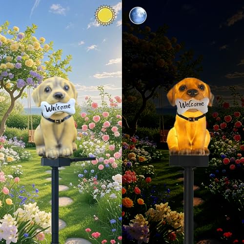 YZYOE Solar Powered Little Yellow Dog Lichter, Garten dekoratives Harz niedliche Tier Bodenlampe, drahtlose Dämmerung zur Morgendämmerung LED-Lichter wasserdicht. von YZYOE
