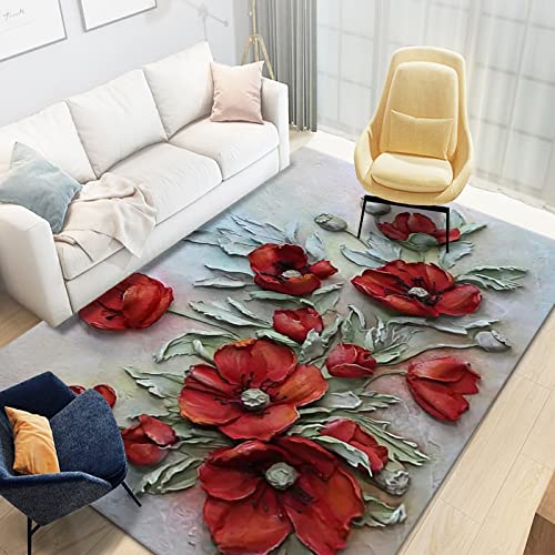 YZZXMY Teppich 80 x 150cm modern Wohnzimmer Schlafzimmer Outdoor Design rechteck kurzflor Anti rutsch unterlage Flur küche waschbarer mädchen Junge teppiche Rote Mohnblume von YZZXMY