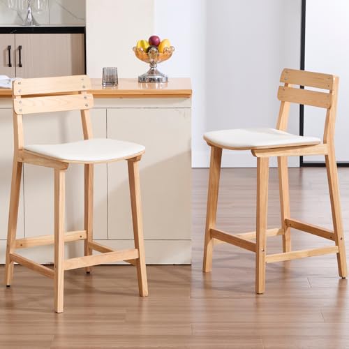 Ya-Home 2er Set Barhocker aus Holz für Küche Barstuhl PU Leder Tresenhocker mit Rückenlehne Bistrohocker Thekenhocker mit Holzbeinen für Esszimmer/Wohnzimmer, Weiß von Ya-Home