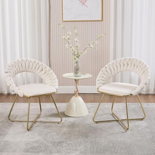 Ya-Home 2er Set Sessel Wohnzimmer Loungesessel Samt gepolsterter Wohnzimmerstuhl Schlafzimmer modern Akzentstuhl mit gewebter Rückenlehne Schminkstuhl mit goldenen Metallbeinen(Beige) von Ya-Home