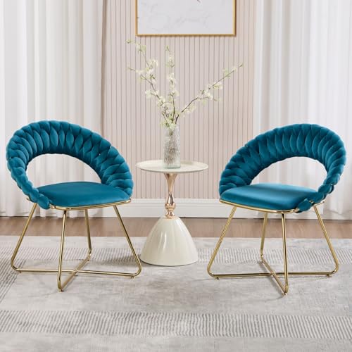 Ya-Home 2er Set Sessel Wohnzimmer Loungesessel Samt gepolsterter Wohnzimmerstuhl Schlafzimmer modern Akzentstuhl mit gewebter Rückenlehne Schminkstuhl mit goldenen Metallbeinen(Blau) von Ya-Home