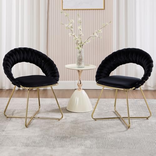 Ya-Home 2er Set Sessel Wohnzimmer Loungesessel Samt gepolsterter Wohnzimmerstuhl Schlafzimmer modern Akzentstuhl mit gewebter Rückenlehne Schminkstuhl mit goldenen Metallbeinen(Schwarz) von Ya-Home