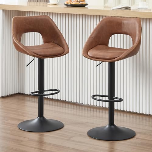 Ya-Home Barhocker 2er Set, Barstühle höhenverstellbar, Küchenhocker 360° drehbar, Tresenhocker mit Rückenlehne, Schwarze Fußstütze, Kunstleder, Braun von Ya-Home