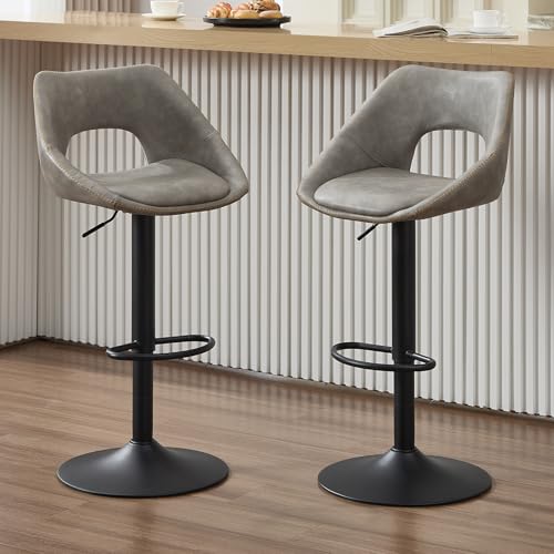 Ya-Home Barhocker 2er Set, Barstühle höhenverstellbar, Küchenhocker 360° drehbar, Tresenhocker mit Rückenlehne, Schwarze Fußstütze, Kunstleder, Grau von Ya-Home
