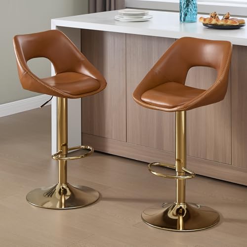 Ya-Home Barhocker 2er Set, Barstühle höhenverstellbar, Küchenhocker 360° drehbar, Tresenhocker mit Rückenlehne, goldene Fußstütze, Kunstleder, Braun von Ya-Home