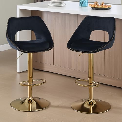 Ya-Home Barhocker 2er Set, Barstühle höhenverstellbar, Küchenhocker 360° drehbar, Tresenhocker mit Rückenlehne, goldene Fußstütze, Samt, Schwarz von Ya-Home