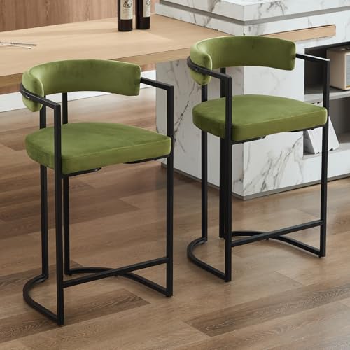 Ya-Home Barhocker 2er Set, Samt Barstuhl Küchenstuhl mit Metallgestell in Schwarz Moderne Tresenhocker Bistrohocker für Kücheninsel, Bar, Esszimmer,Grün von Ya-Home