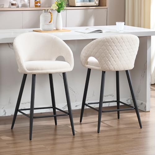 Ya-Home Barhocker 2er Set Barstuhl Chenille Küchenhocker mit Armlehne gepolsterte Tresenhocker Thekenhocker mit Metallbeinen für Kücheninsel/Hausbar, Beige von Ya-Home