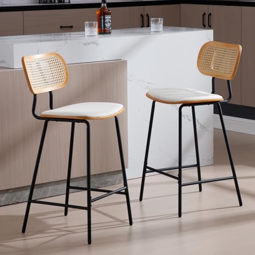Ya-Home Barhocker 2er Set Rattan Barstuhl mit Metallbeinen Küchenhocker Sitzfläche aus Kunstleder Tresenhocker für Kücheninsel, Weiß von Ya-Home