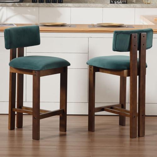 Ya-Home Barhocker 2er Set Samt Barstuhl aus Holz gepolsterte Tresenhocker Bistrohocker mit lehne Thekenhocker mit Holzbeinen für Küche/Esszimmer/Wohnzimmer, Grün von Ya-Home