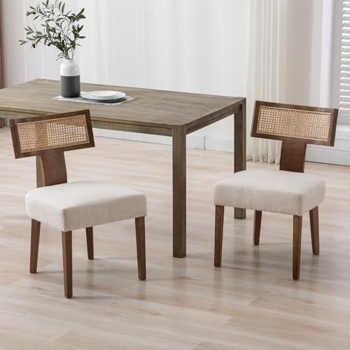 Ya-Home Esszimmerstühle 2er Set Leinen Küchenstuhl mit Rattan Rückenlehne Vintage Seitenstühle Holz Polsterstuhl für Esszimmer/Wohnzimmer/Balkon, Beige von Ya-Home
