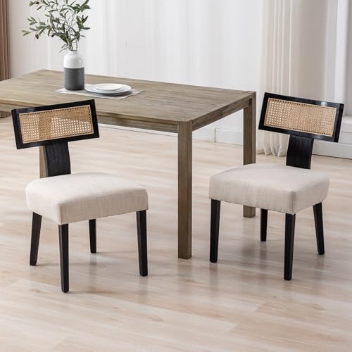 Ya-Home Esszimmerstühle 2er Set Leinen Küchenstuhl mit Rattan Rückenlehne Vintage Seitenstühle Holz Polsterstuhl für Esszimmer/Wohnzimmer/Balkon, Schwarz von Ya-Home