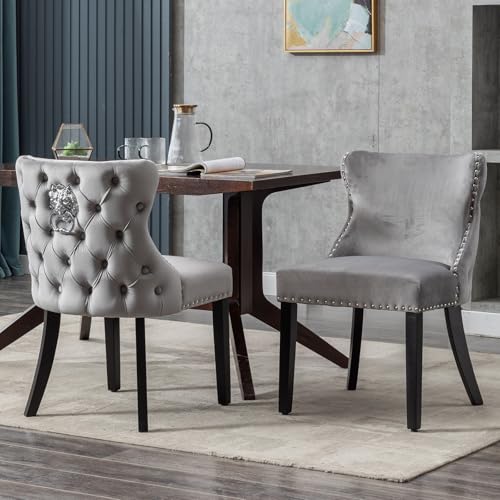 Ya-Home Esszimmerstühle 2er Set Samt, Küchenstühle mit Löwenring-Zuggriff Polsterstuhl Holzbeinen für Esszimmer, Küche,Grau von Ya-Home