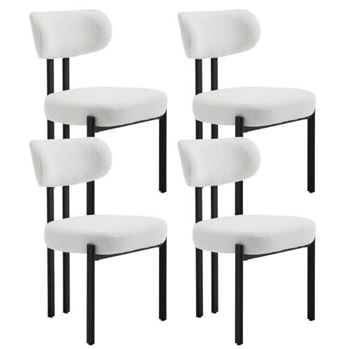 Ya-Home Esszimmerstühle 4er Set, Runde Boucle Stühle aus Teddy Stoff, Küchenstühle mit Schwarzmetall Gestell Polsterstuhl für Küche/Esszimmer, Weiß von Ya-Home