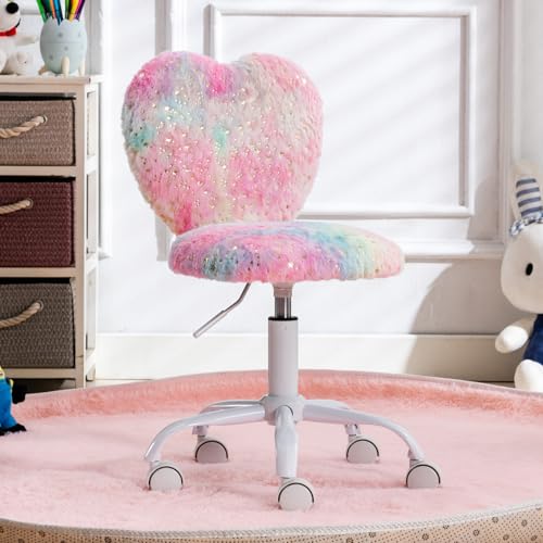 Ya-Home Kinder Schreibtischstuhl aus Kunstfell Jugenddrehstuhl Höhenverstellbar Kinderdrehstuhl ohne Armlehne Studienstuhl Computerstuhl mit Herzförmiger Rückenlehne für Kinderzimmer(Bunt) von Ya-Home