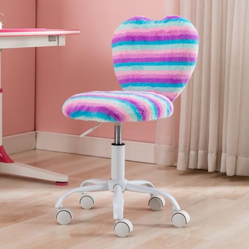 Ya-Home Kinder Schreibtischstuhl aus Kunstfell Jugenddrehstuhl Höhenverstellbar Kinderdrehstuhl ohne Armlehne Studienstuhl Computerstuhl mit Herzförmiger Rückenlehne für Kinderzimmer(Regenbogen) von Ya-Home