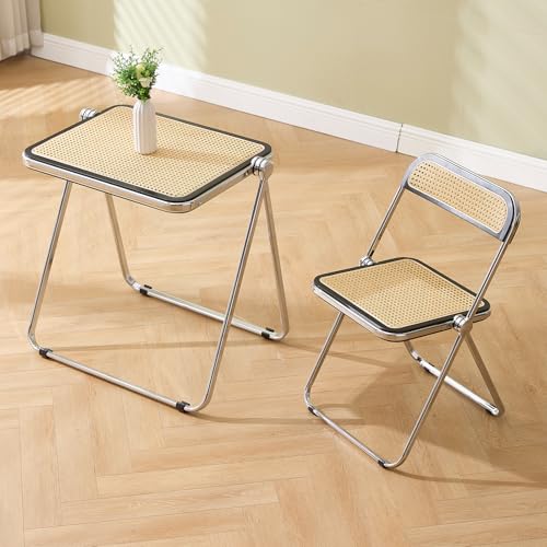 Ya-Home Klappbarer Tisch und Stuhl Set, Bistroset Retro Schreibtisch Set aus Rattan Beistelltisch mit Metallgestell platzsparend für Balkon/Schlafzimmer/kleines Home Office von Ya-Home