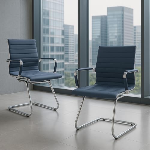 Ya-Home Konferenzstuhl aus Kunstleder Freischwinger Schwingstuhl mit Armlehne Moderner Besucherstuhl mit Chromgestell,2 Stück,Blau von Ya-Home
