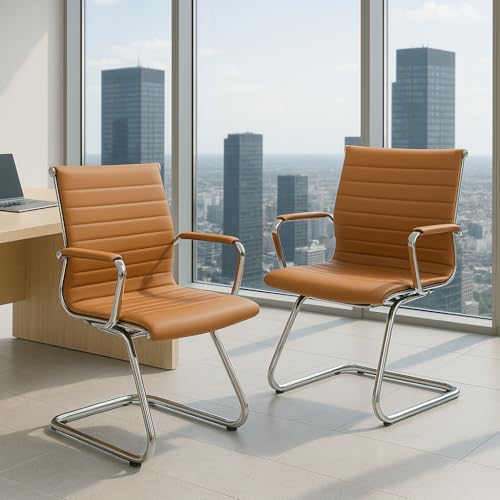 Ya-Home Konferenzstuhl aus Kunstleder Freischwinger Schwingstuhl mit Armlehne Moderner Besucherstuhl mit Chromgestell,2 Stück(Braun) von Ya-Home