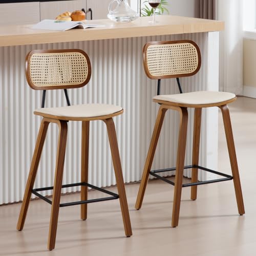 Ya-Home Mid-Century Barhocker Set mit 2 Stück, 66 cm PU-Leder Barhocker mit offener Rattan-Rückenlehne, Holzbeine, armlose Barstühle für Küche, Insel, Esszimmer, Beige Ya-Home Mid-Century Barhocker Set mit 2 Stück, 66 cm PU-Leder Barhocker mit offener Rattan-Rückenlehne, Holzbeine, armlose Barstühle für Küche, Insel, Esszimmer, Beige von Ya-Home