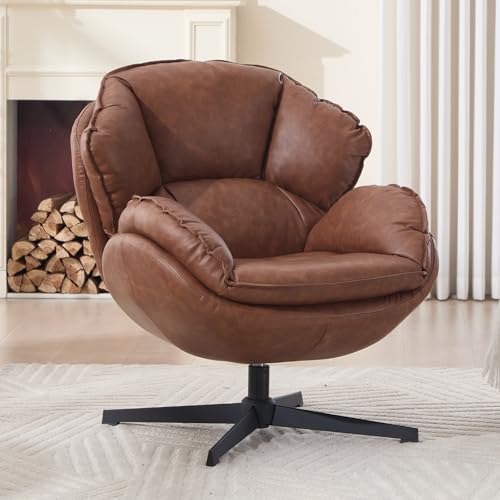 Ya-Home Ohrensessel aus PU Leder Bequemer Sessel Wohnzimmer 360° drehbarer Loungesessel mit dickem Kissen Relaxsessel mit Armlehnen gepolsterter Sofasessel für Schlafzimmer/Heimbüro, Braun von Ya-Home