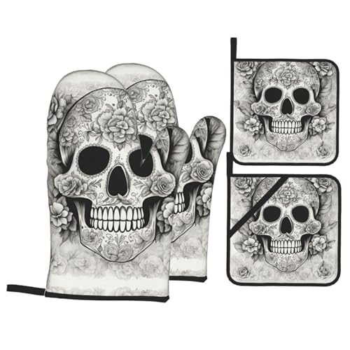 Mexikanischer Totenkopf-Druck, Ofenhandschuhe und Pfannen-Gestelle, 4-teiliges Set, Küchenhandschuhe und Pfannenregale zum Kochen Mexikanischer Totenkopf-Druck, Ofenhandschuhe und Pfannen-Gestelle, 4-teiliges Set, Küchenhandschuhe und Pfannenregale zum Kochen von YaWea