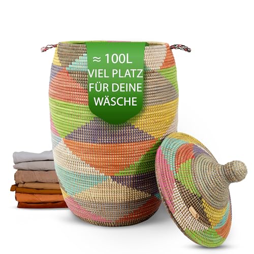 Traditioneller afrikanischer Wäschekorb - Gueno - XXL Korb - geflochten - Handarbeit - made in Afrika - Höhe ohne Deckel gemessen ca. 60 cm (dreieck-bunt) von Yaadu