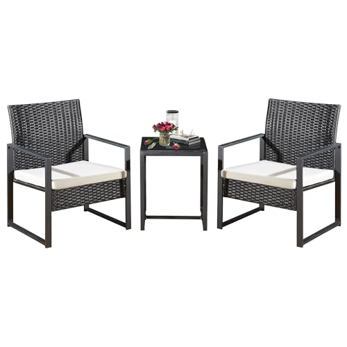 Yaangagpe 3-teiliges Rattan-Bistro-Set, schwarzes Korbgeflecht, Gartenmöbel mit beigefarbenen Kissen, Terrassentisch und Stühlen im Freien von Yaangagpe