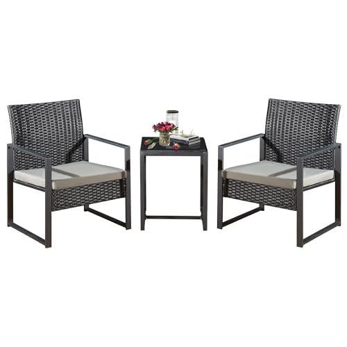 Yaangagpe 3-teiliges Rattan-Bistro-Set, schwarzes Korbgeflecht, Gartenmöbel mit grauen Kissen, Terrassentisch und Stühlen im Freien von Yaangagpe