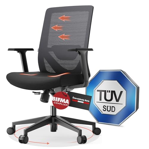 Yaasa Chair Lite Bürostuhl Ergonomisch Schwarz – Schreibtischstuhl mit Lordosenstütze & 1D-Armlehnen – Drehstuhl mit stufenlos einstellbarem Rückenlehnen-Widerstand – Home Office & Büro – 120kg von Yaasa