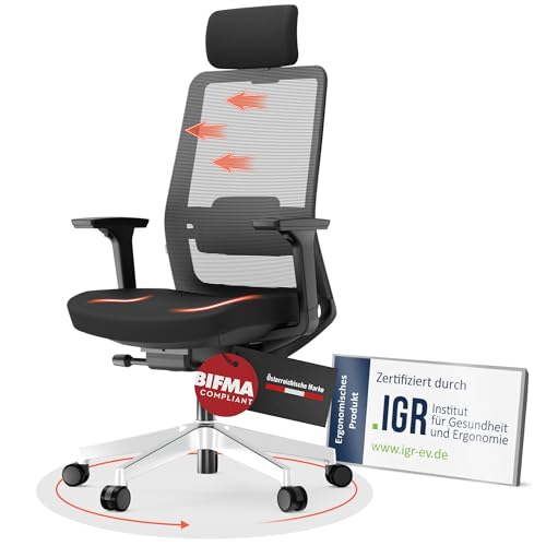 Yaasa Chair Pro Bürostuhl Ergonomisch mit Kopfstütze Schwarz – Schreibtischstuhl mit Lordosenstütze & 3D-Armlehnen – Drehstuhl für gesundes Sitzen im Home Office & Büro – Zertifizierte Qualität, 130kg von Yaasa