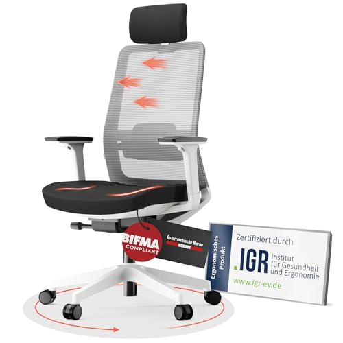 Yaasa Chair Pro Bürostuhl Ergonomisch mit Kopfstütze Weiß – Schreibtischstuhl mit Lordosenstütze & 3D-Armlehnen – Drehstuhl für gesundes Sitzen im Home Office & Büro – Zertifizierte Qualität, 130kg von Yaasa