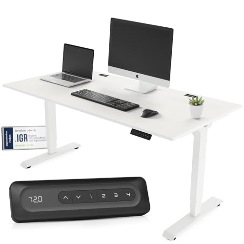 Yaasa Desk Essential Elektrisch Höhenverstellbarer Schreibtisch 180 x 80 cm Weiß/Weiß – Schreibtisch höhenverstellbar und elektrisch – Bürotisch mit digitalem Display, Kabeldurchlässen & Kabelnetz von Yaasa