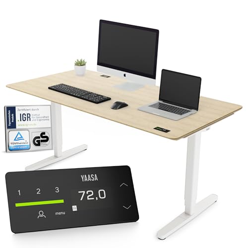 Yaasa Desk Pro Elektrisch Höhenverstellbarer Schreibtisch Bambus/Weiß 160 x 80 cm – Ergonomischer Schreibtisch mit Abgerundeter Tischplatte & ErgoTouch-Display – Traglast 120 kg von Yaasa