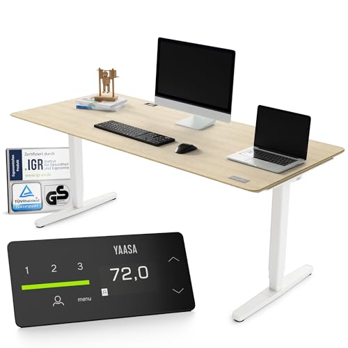 Yaasa Desk Pro Elektrisch Höhenverstellbarer Schreibtisch Bambus/Weiß 180 x 80 cm – Ergonomischer Schreibtisch mit Abgerundeter Tischplatte & ErgoTouch-Display – Traglast 120 kg von Yaasa