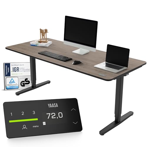 Yaasa Desk Pro Elektrisch Höhenverstellbarer Schreibtisch Eiche dunkel/Schwarz 180 x 80 cm – Ergonomischer Schreibtisch mit Abgerundeter Tischplatte & ErgoTouch-Display – Traglast 120 kg von Yaasa