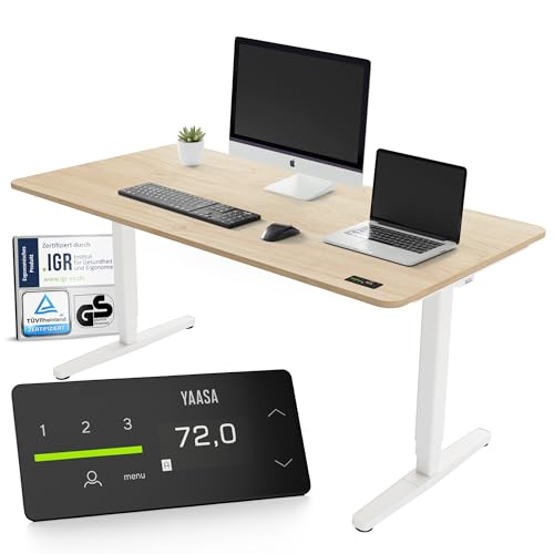 Yaasa Desk Pro Elektrisch Höhenverstellbarer Schreibtisch Eiche hell/Weiß 140 x 80 cm – Ergonomischer Schreibtisch mit Abgerundeter Tischplatte & ErgoTouch-Display – Traglast 120 kg von Yaasa