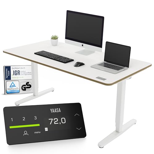 Yaasa Desk Pro Elektrisch Höhenverstellbarer Schreibtisch Multiplex Weiß/Weiß 140 x 80 cm – Ergonomischer Schreibtisch mit Abgerundeter Tischplatte & ErgoTouch-Display – Traglast 120 kg von Yaasa