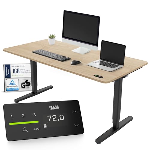 Yaasa Desk Pro Elektrisch Höhenverstellbarer Schreibtisch Eiche hell/Schwarz 160 x 80 cm – Ergonomischer Schreibtisch mit Abgerundeter Tischplatte & ErgoTouch-Display – Traglast 120 kg von Yaasa