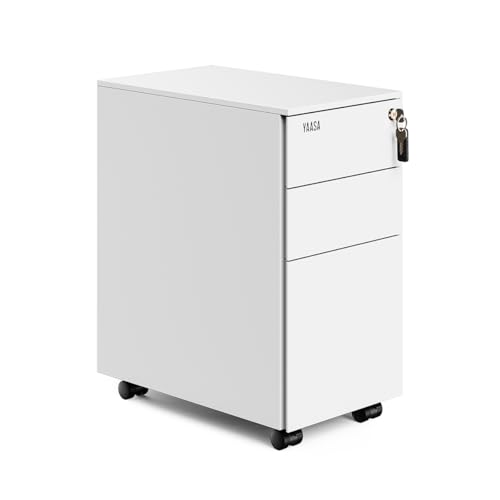 Yaasa File Cabinet Edged Kompakt Weiß - Rollcontainer aus Stahl, Aktenschrank mit 3 verschließbaren Schubladen, Büroschrank von Yaasa