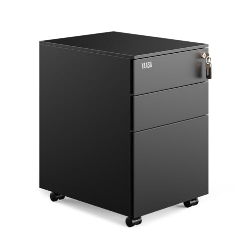 Yaasa File Cabinet Edged Standard Schwarz - Rollcontainer aus Stahl, Aktenschrank mit 3 verschließbaren Schubladen, Büroschrank von Yaasa