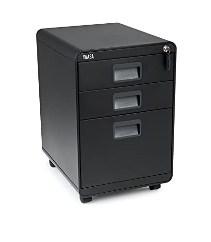 Yaasa File Cabinet Rollcontainer aus Stahl, Aktenschrank mit 3 verschließbaren Schubladen, 40x62,5x50cm, Büroschrank Schwarz von Yaasa