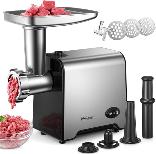 Yabano 3 in 1 Elektrischer Fleischwolf, Edelstahl Hackfleischmaschine mit Wurstfüller, 3 Schleifplatten, Kubbe-Aufsatz & Wurstfüllrohren für Zuhause & Küche Yabano 3 in 1 Elektrischer Fleischwolf, Edelstahl Hackfleischmaschine mit Wurstfüller, 3 Schleifplatten, Kubbe-Aufsatz & Wurstfüllrohren für Zuhause & Küche von Yabano