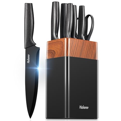 Yabano Messerblock, 7 teiliges Messerset mit Messerblock Plastik und integriertem Messerschärfer, Messerblock mit Messer, Schwarz von Yabano
