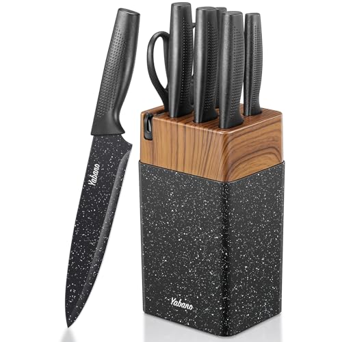 Yabano Messerblock Set, 7 teilig Messerset mit Messerblock und integriertem Messerschärfer,Küchenmesser Set mit Kunststoffblock (Speckled) von Yabano